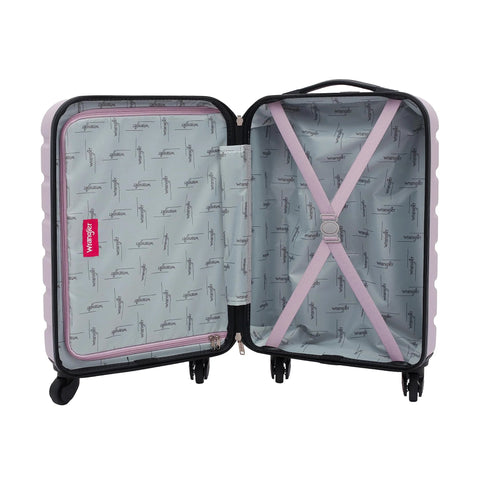 Wrangler 22in lilac hardside spinner luggage, opened to show pink interior divider and cross-strap system.