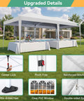 10x20 Ft Pop Up Canopy Tent With Removable Sidewalls, white party gazebo in lawn setting, shown with close-ups of features.