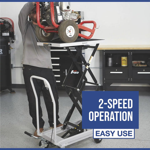 Heavy Duty Hydraulic Table Cart With Fast Two Speed Lift And 1000 LB Capacity Built Tough For Garage Projects Featuring Smooth Rollin Caster Wheels And Rugged Powder Coated Steel Frame For Daily Hauling