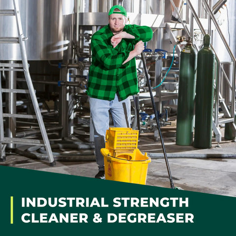 Concentrated Industrial Cleaner And Degreaser Heavy Duty Workhorse Cuts Through Stubborn Grease And Grime Without Breaking A Sweat Safe For Multiple Surfaces Pack Of Four Bottles with a worker holding a mop next to a yellow bucket.