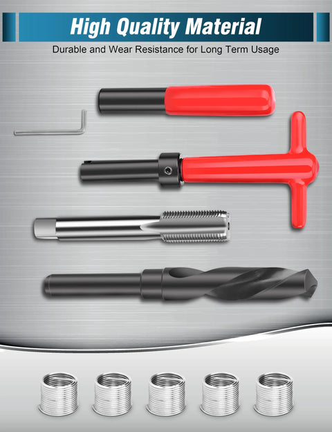 M18x1.5 Helicoil thread repair kit with five metal inserts and red/black hand tools