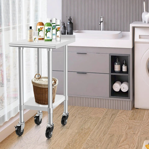 Pro Grade Stainless Steel Commercial Work Table With Wheels For Kitchens And Labs, 24x24 Inch Prep And Work Surface in a home setting