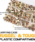 Rivet Nuts Set For DIYers 150 Pcs Carbon Steel With Yellow Zinc Finish in clear plastic compartment.