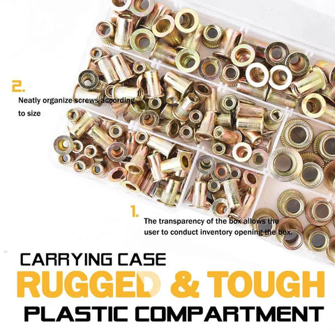 Rivet Nuts Set For DIYers 150 Pcs Carbon Steel With Yellow Zinc Finish in clear plastic compartment.
