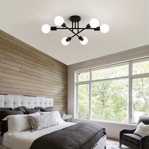 Black Modern Sputnik Chandelier Ceiling Light Fixture 6 Lights Industrial Metal Semi Flush Mount for Bedroom Living Room Dining Hall Kitchen UL Listed and Energy Efficient Dope Lighting.