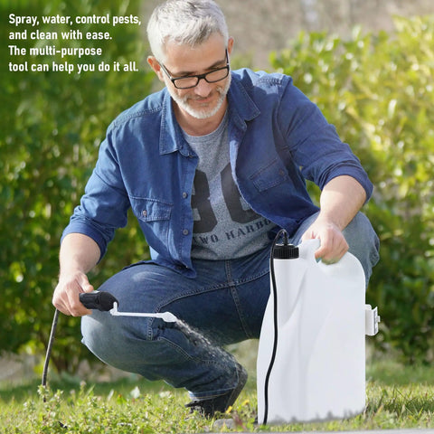 Man using Battery Powered Sprayer Wand With Holster, Foldable Nozzle, Fits 38mm Cap 1 Gallon Jugs, Electric Weed Killer
