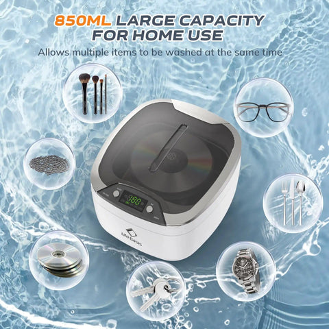 Image of Ultrasonic Jewelry Cleaner 850ml With LCD Screen And 5 Digital Timers, surrounded by watches, glasses, and CDs.