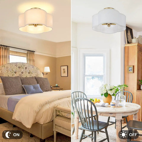 4 Light 14.4 Inch Semi Flush Mount Ceiling Light Fixture with gold brass finish, white fabric shade in bedroom and dining room.