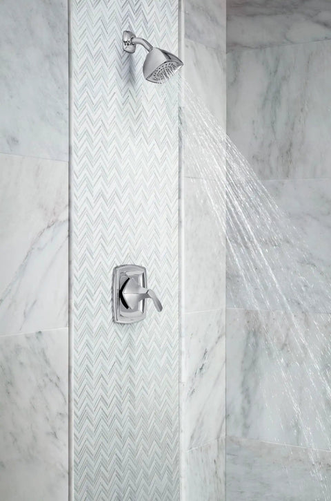 Voss Chrome 1-Handle Moentrol Pressure Balancing Valve Trim Kit With Volume Control installed in modern shower setup.