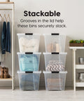 See Through 53 Quart Stackable Plastic Storage Bin With Lid For Home Organization, BPA Free, Made In USA, shown in closet