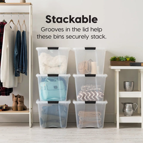See Through 53 Quart Stackable Plastic Storage Bin With Lid For Home Organization, BPA Free, Made In USA, shown in closet