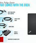Dual Monitor USB C Docking Station With 135W Power Delivery, HDMI And DisplayPort, Multiport USB Hub, cables and adapter shown