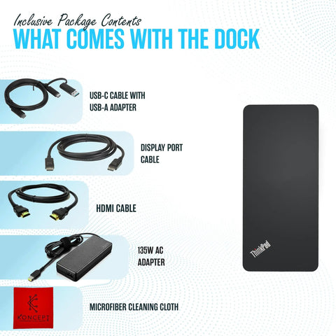 Dual Monitor USB C Docking Station With 135W Power Delivery, HDMI And DisplayPort, Multiport USB Hub, cables and adapter shown