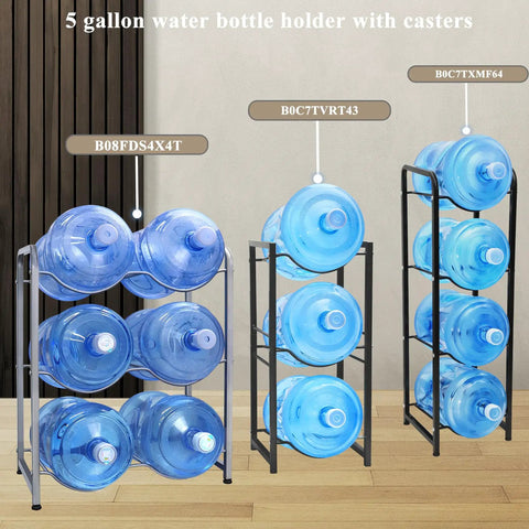 Beefy Heavy Duty 3 Tier 5 Gallon Water Bottle Rack For Home Office Kitchen Storage, holding six blue water jugs on floor.