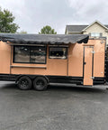 Custom Rollout Food Trailer Kitchen Unit Featuring Heavy Duty Refrigerator Commercial Sink And Stainless Steel Juicer Station in beige.