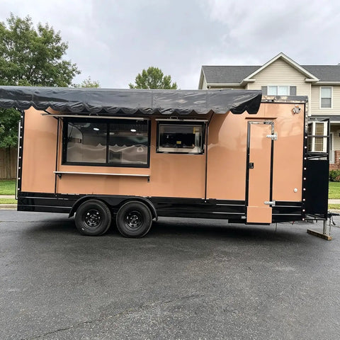 Custom Rollout Food Trailer Kitchen Unit Featuring Heavy Duty Refrigerator Commercial Sink And Stainless Steel Juicer Station in beige.