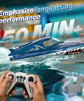 High Speed Predator Hull RC Boat for Kids and Adults waterproof 2.4GHz remote control, shining blue, in water with controller.