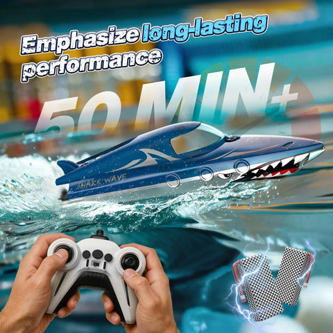 High Speed Predator Hull RC Boat for Kids and Adults waterproof 2.4GHz remote control, shining blue, in water with controller.