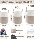 Multisize 60L, 80L, 100L woven cotton rope laundry hampers with capacity comparison for blankets, pillows, and comforters.