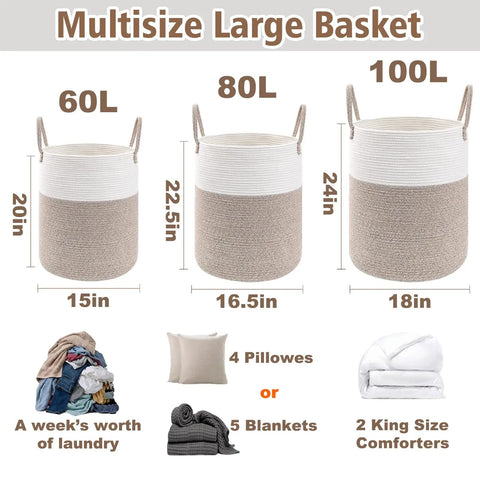Multisize 60L, 80L, 100L woven cotton rope laundry hampers with capacity comparison for blankets, pillows, and comforters.