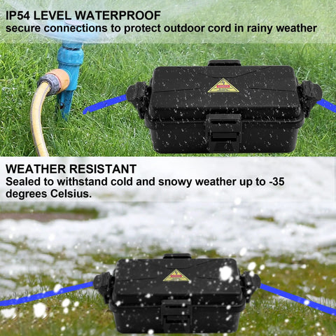 Weatherproof Outdoor Electrical Box IP54 Black Wall Mount Cover For Extension Cords And String Lights Inner 6.5 By 3.5 By 2.2 Inch in wet and snowy settings