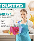 Woman in yellow gloves holding a bucket with Kitchen Cabinet Cleaner Kit With Brush Knock Out Stubborn Grease And Grime On Wood And Painted Furniture Gentle Residue Free Degreaser Spray.