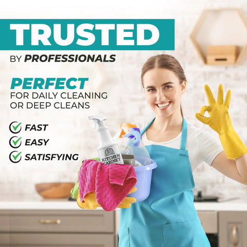 Woman in yellow gloves holding a bucket with Kitchen Cabinet Cleaner Kit With Brush Knock Out Stubborn Grease And Grime On Wood And Painted Furniture Gentle Residue Free Degreaser Spray.