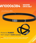 Solid Heavy Duty Washer Drive Belt W10006384 21 inch long rubber belt with four grooves for Whirlpool Maytag Kenmore washers.