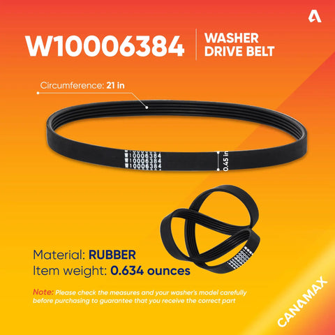 Solid Heavy Duty Washer Drive Belt W10006384 21 inch long rubber belt with four grooves for Whirlpool Maytag Kenmore washers.