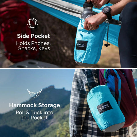 Person placing a water bottle in a blue carry bag attached to a camping hammock with 400 lbs capacity portable hammock with tree straps and attached carry bag essential outdoor gear for camping hiking beach travel and backpacking.