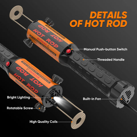 Induction bolt heater tool in angled view; orange/black housing, eight coils, built-in fan, manual switch for rusted bolts