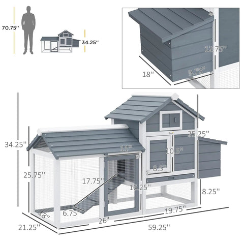 Diagram of 59 Inch Wooden Chicken Coop With Nesting Box And Removable Tray For Outdoor Backyard Use, detailing dimensions.