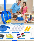 Family playing with Flexible 15 Ft Race Track For Kids 3 Plus Fun Dual Lane Rolls Up Portable Car Track, accessory list displayed