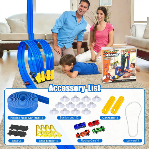 Family playing with Flexible 15 Ft Race Track For Kids 3 Plus Fun Dual Lane Rolls Up Portable Car Track, accessory list displayed