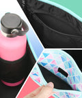 Ultimate Golf Push Cart Organizer Bag With Drink Holders, Zippered Pockets, Adjustable Pouch, Aqua Geometric pattern, close-up detail.