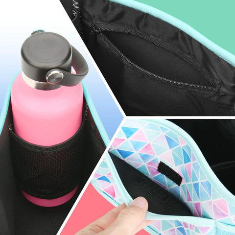 Ultimate Golf Push Cart Organizer Bag With Drink Holders, Zippered Pockets, Adjustable Pouch, Aqua Geometric pattern, close-up detail.