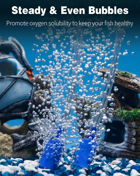 Air Stone Aquarium 1 Inch Cylinder Bubble Diffuser for Nano Pumps, releasing dense bubbles underwater in a decorative tank.