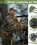 Hunter seated on a 2 Pack Tree Stand Seat Replacement With Pocket, featuring adjustable straps and self-locking buckle on a ladder stand.