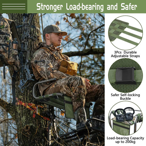 Hunter seated on a 2 Pack Tree Stand Seat Replacement With Pocket, featuring adjustable straps and self-locking buckle on a ladder stand.