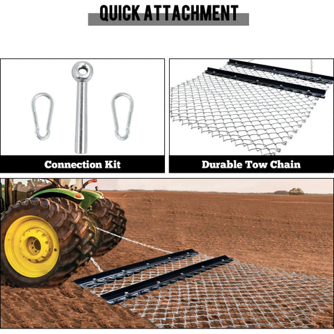4 By 5 Foot Chain Drag Harrow For ATV UTV And Tractor Attachments, beefed up ground leveling tool with connection kit shown