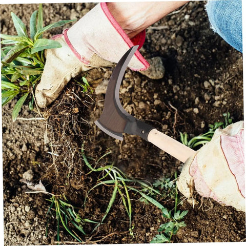 Gardener using portable multifunctional grass clearing sickle for weeding, showing manganese steel handle and non-slip grip.