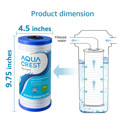 Diagram showing dimensions of whole house water filter replacement 10x4.5 inch with flow arrows for AP810 AP801 AP811 WHKF-GD25BB WHKF-DWHBB.