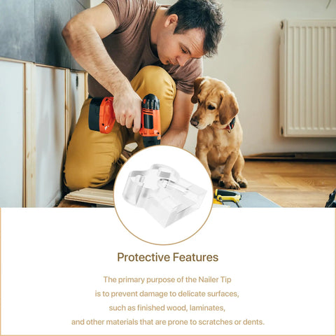 Man using a nailer with a pet and DeWalt Nailer Tip Replacement No Mar Kit Five Pack for BCN680D1 DCN680B DCN680D1 DCN681B DCN681D1.