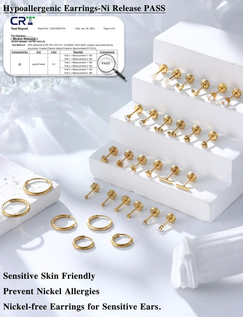 Hypoallergenic Surgical Steel Earrings Set With 14K Gold Plated Flat Back Studs And Small Hoop Cartilage Earring Stacks For Women And Men Great For Helix And Tragus Piercings First Or Second Holes Lightweight And Dainty, 15 pairs shown