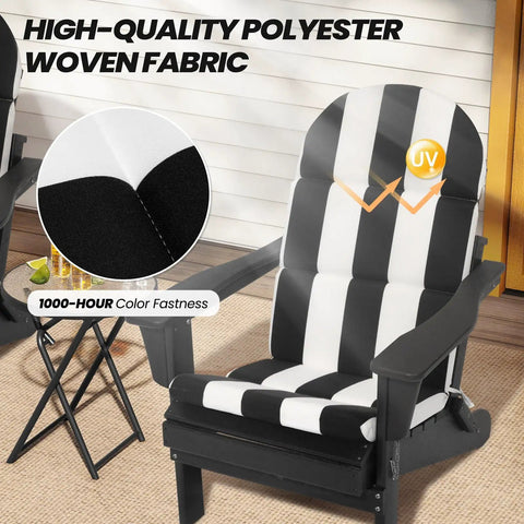 Adirondack Chair Cushions Set Of 2 50x19.6 Inch Cushions For Outdoor Patio Rocking Chairs Black White Stripe Comfy Polyester Fill Fade Resistant Water Repellent displayed on a chair