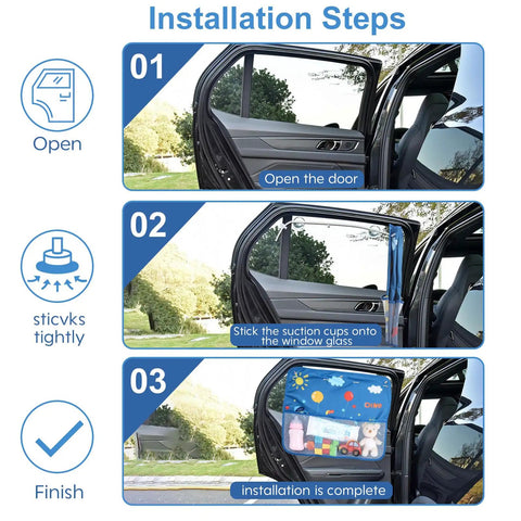 Installation steps of Two Pack Baby Car Sun Shades For Side Windows 26.8 By 19.7 Inches With Dinosaur Cartoon Design And Strong Suction Cups UV Heat Protection Keeps Backseat Cool Block Sun Glare For Your Tiny Rider on car door