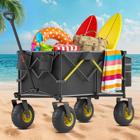 Heavy-Duty Beach Wagon With Big All-Terrain Wheels For Sand, 400 Lb Load, Foldable Cart That Folds Flat For Easy Storage