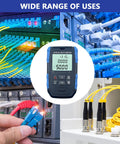 Front view of a blue 5-in-1 fiber optic cable tester portable optical power meter with FC/SC/ST universal interface.