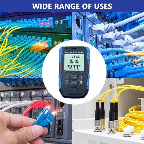 Front view of a blue 5-in-1 fiber optic cable tester portable optical power meter with FC/SC/ST universal interface.