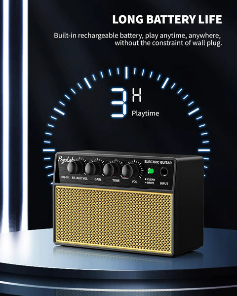 Mini 10W Rechargeable Guitar Amp With Bluetooth on table, showcasing long battery life indicator and control knobs.